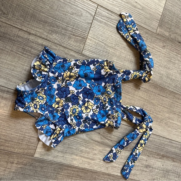 Floral Blue and Yellow Kids One-Piece Swimsuit Blue Floral Tie Strap Skirt 9-12M - Picture 6 of 12